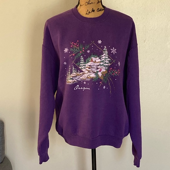 Vintage 90s Jerzees Oregon Winter Christmas Forest Purple Sweatshirt Adult L - Picture 1 of 11